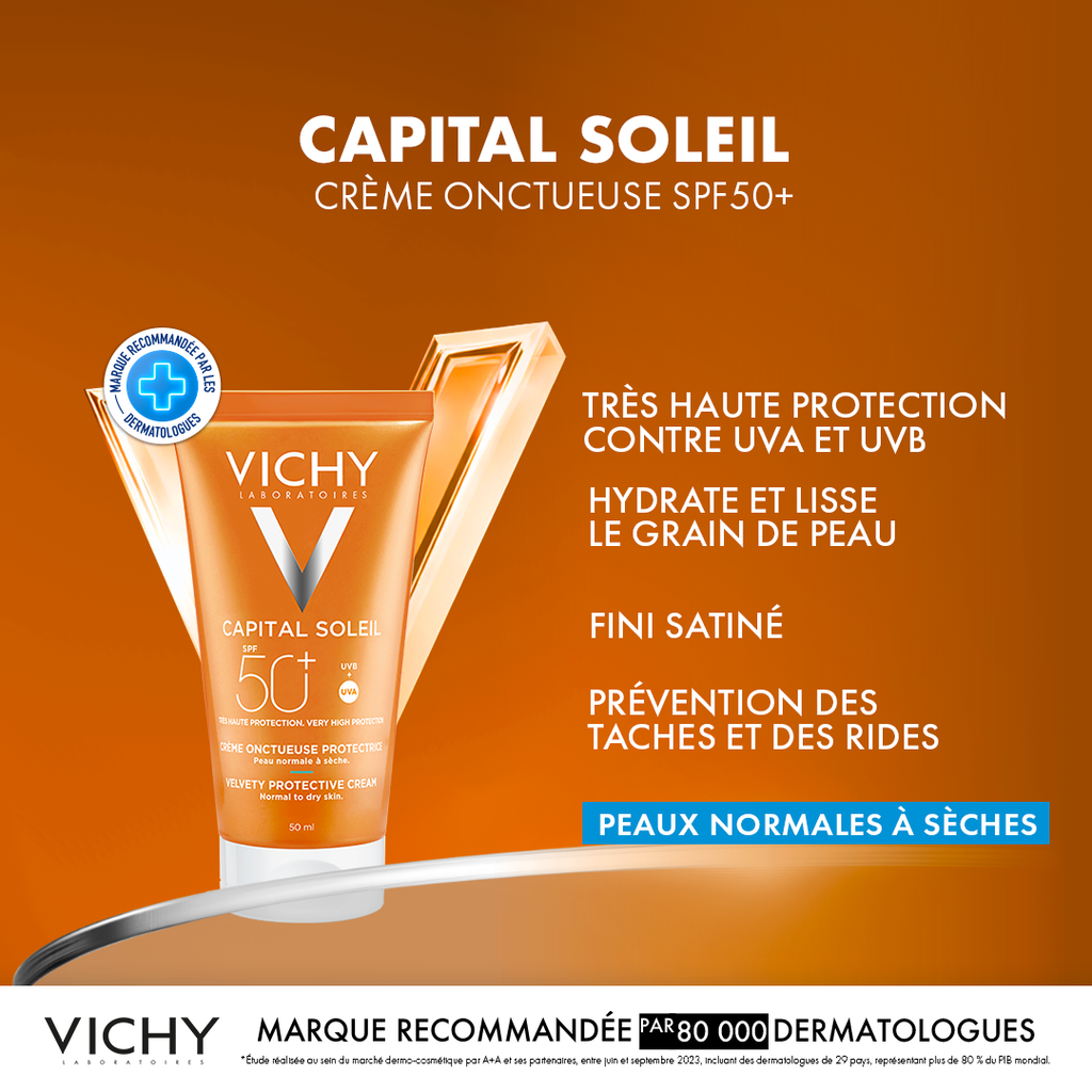 VICHY CAPITAL SOLEIL CREME ONCTUEUSE PEAU NORMALE A SECEHE SPF 50+ 50ML = APRES-SOLEIL 100ML OFFERTE
