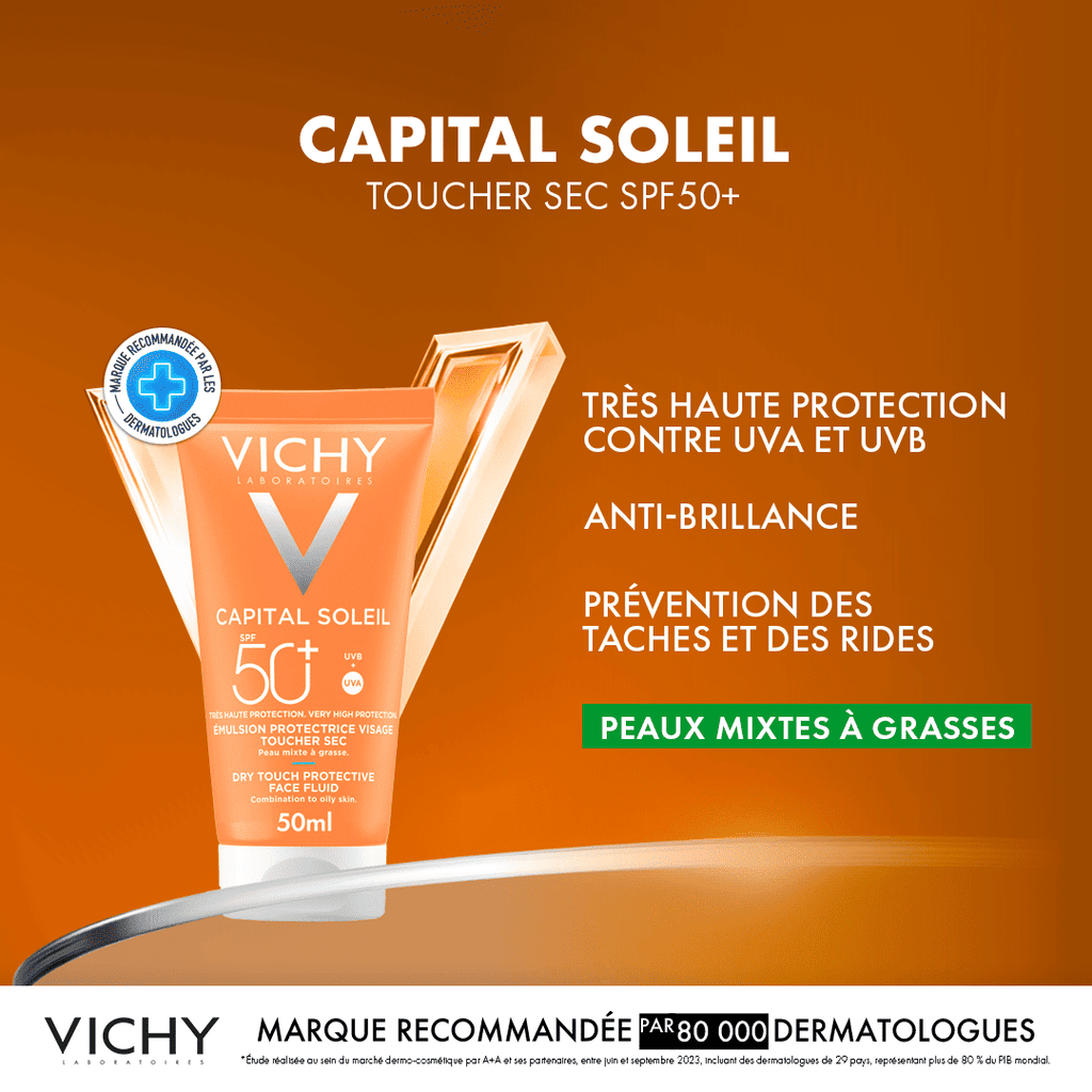 Vichy Capital Soleil Émulsion Toucher Sec SPF50 Peau Sens Mixte à Gras = Après Soleil 100 ml OFFERT