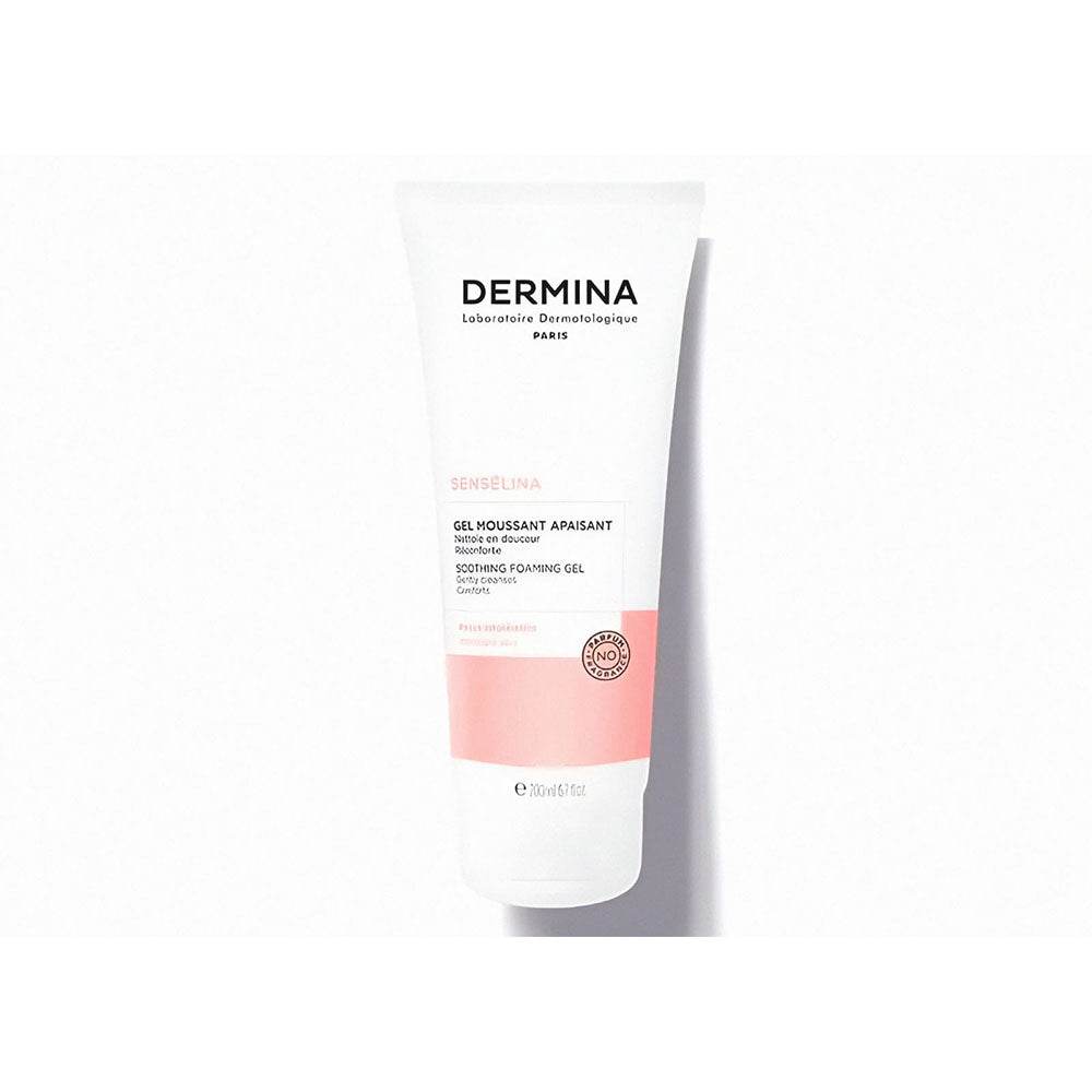 DERMINA Senselina Gel Moussant Apaisant 200ml Nettoyant Doux Sans Savon Peaux Sensibles Réactives Intolérantes pH Physiologique